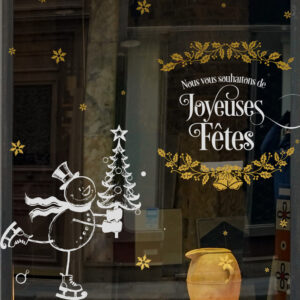 Sticker vitrine bonhomme de neige et sapin de Noël - vitrophanie fêtes de fin d'année
