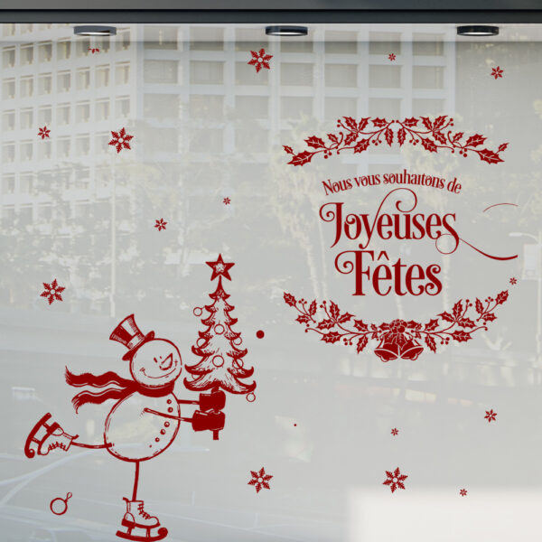 Sticker vitrine bonhomme de neige et sapin de Noël - vitrophanie fêtes de fin d'année