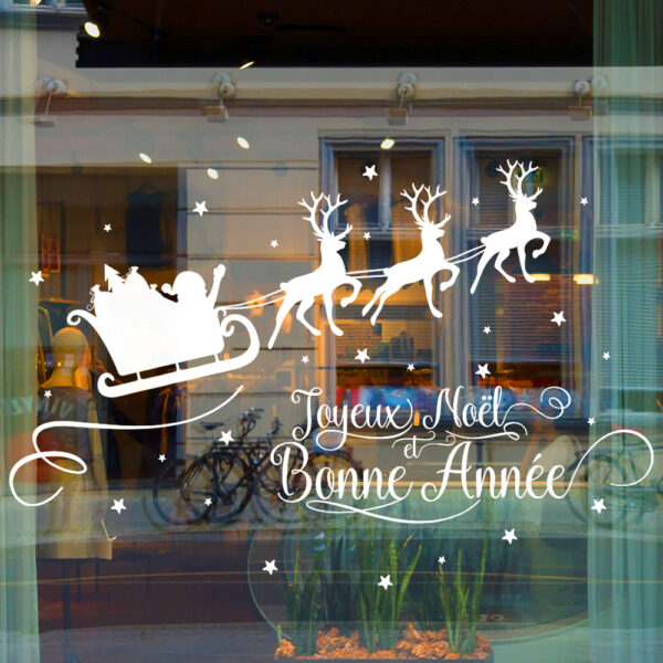 Sticker vitrine Joyeux Noël Traineau - vitrophanie fêtes de fin d'année.