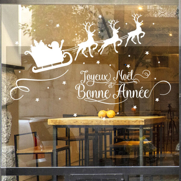 Sticker vitrine Joyeux Noël Traineau - vitrophanie fêtes de fin d'année.