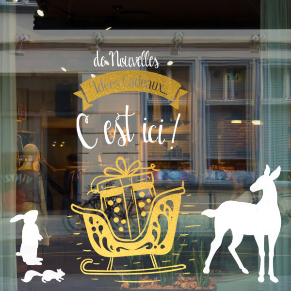 Sticker vitrine nouvelles idées cadeaux de Noël - vitrophanie Noël et fêtes de fin d'année