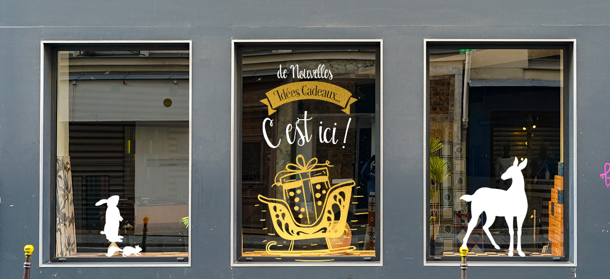 Sticker vitrine nouvelles idées cadeaux de Noël - vitrophanie Noël et fêtes de fin d'année
